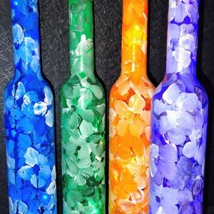 Floral Painted Glass Bottles - Set of 4
